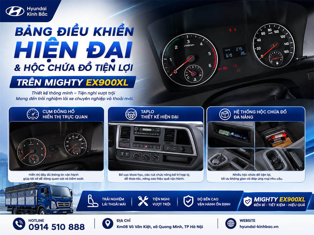 Bảng điều khiển hiện đại và hộc chứa đồ tiện lợi trên Mighty EX900XL