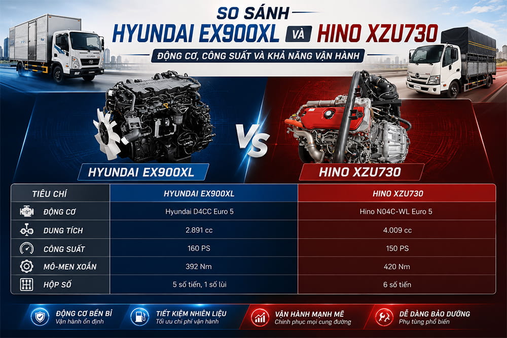 So sánh sức mạnh động cơ giữa Hyundai EX900XL và Hino XZU730